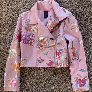 Girls Pink Floral Print Motorcycle Style Jacket Size 7